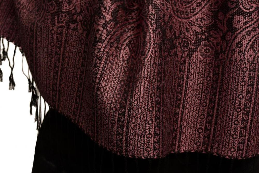 Liss Kiss Pink & Black Paisleys Pashmina Feel With Tassels - Scarf