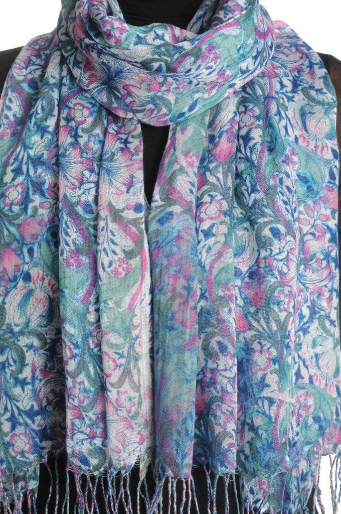 Liss Kiss Pink & Blue Lilly Flowers With Tessels - Scarf