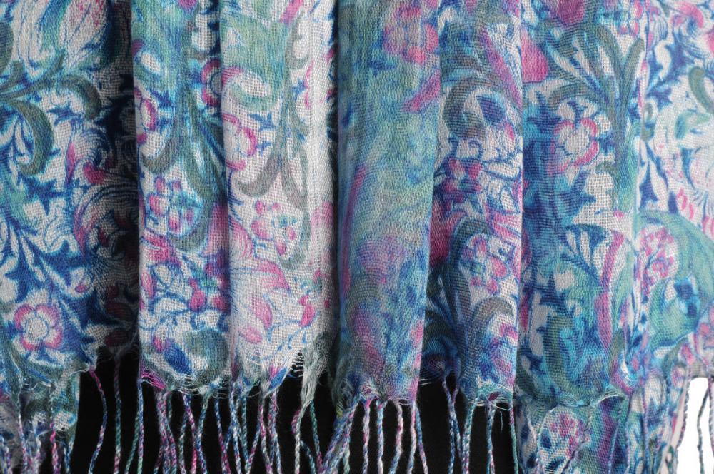 Liss Kiss Pink & Blue Lilly Flowers With Tessels - Scarf