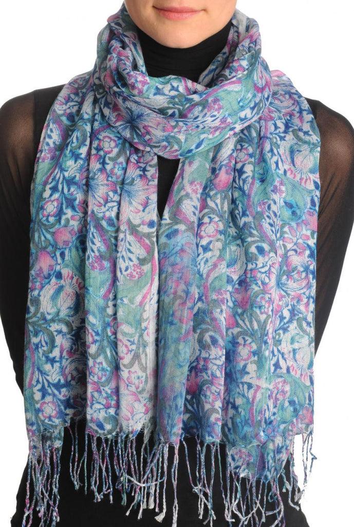 liss kiss Pink & Blue Lilly Flowers With Tessels - Scarf