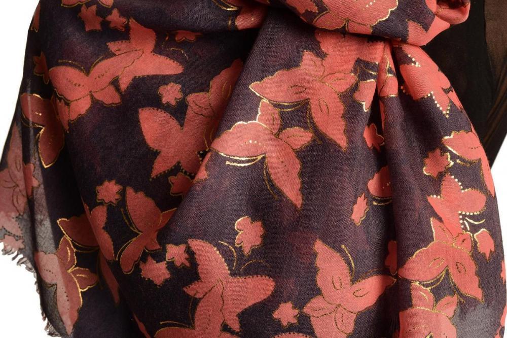 Liss Kiss Pink Butterflies With Gold Trim On Blue Scarf - Scarf