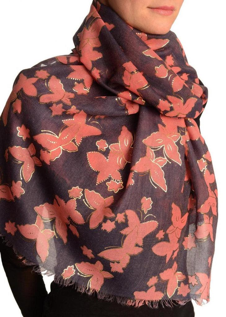 Liss Kiss Pink Butterflies With Gold Trim On Blue Scarf - Scarf