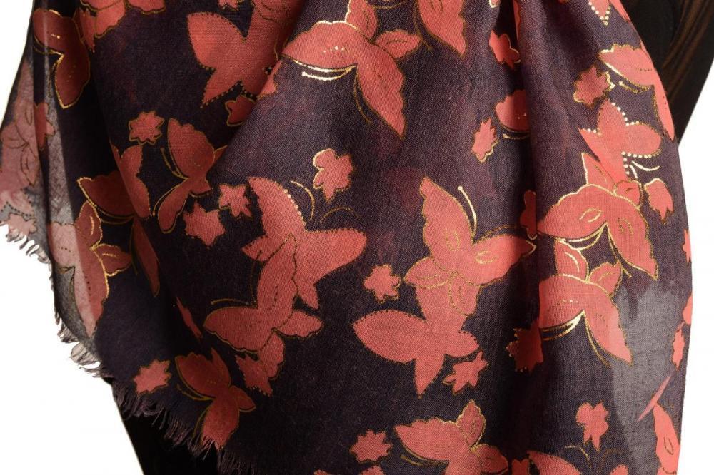 Liss Kiss Pink Butterflies With Gold Trim On Blue Scarf - Scarf