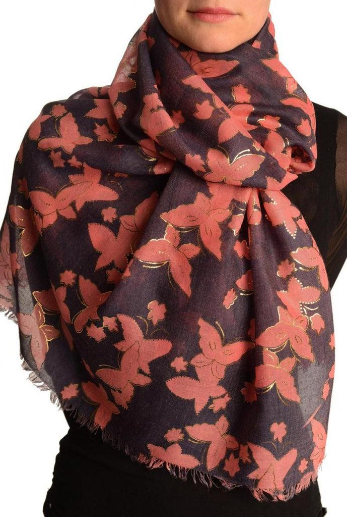 liss kiss Pink Butterflies With Gold Trim On Blue Scarf - Scarf