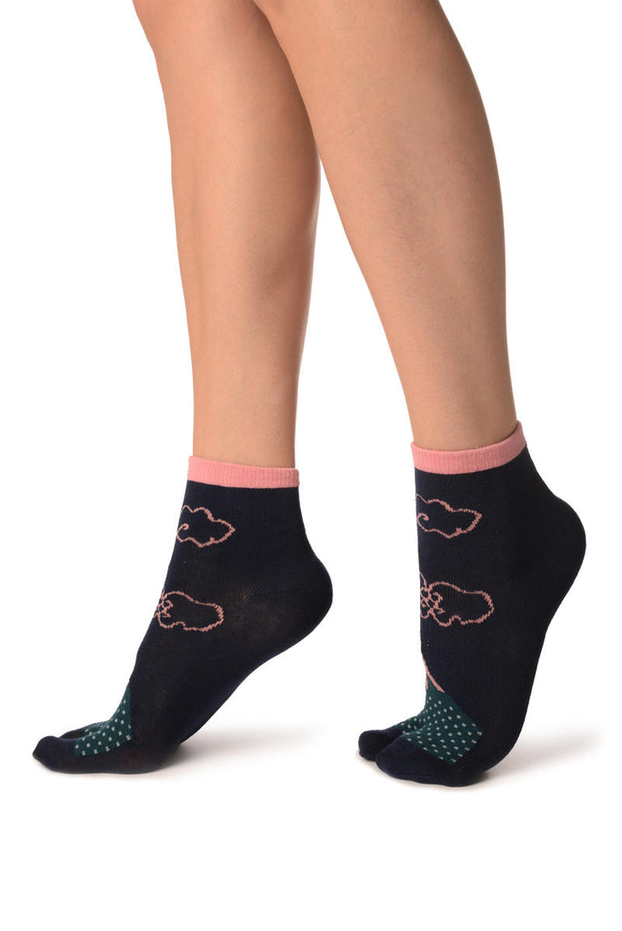 Liss Kiss Pink Clouds On Dark Blue Japanese Ankle High Socks - Socks