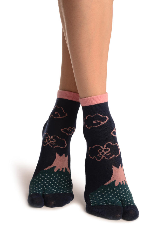 Liss Kiss Pink Clouds On Dark Blue Japanese Ankle High Socks - Socks