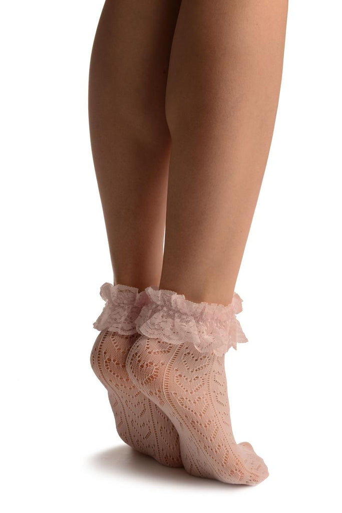 Liss Kiss Pink Crochet Hearts And Lace Trim Top Socks Ankle High - Socks