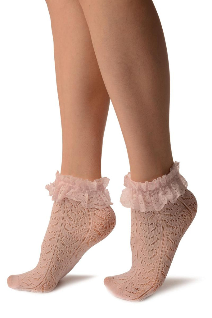 Liss Kiss Pink Crochet Hearts And Lace Trim Top Socks Ankle High - Socks