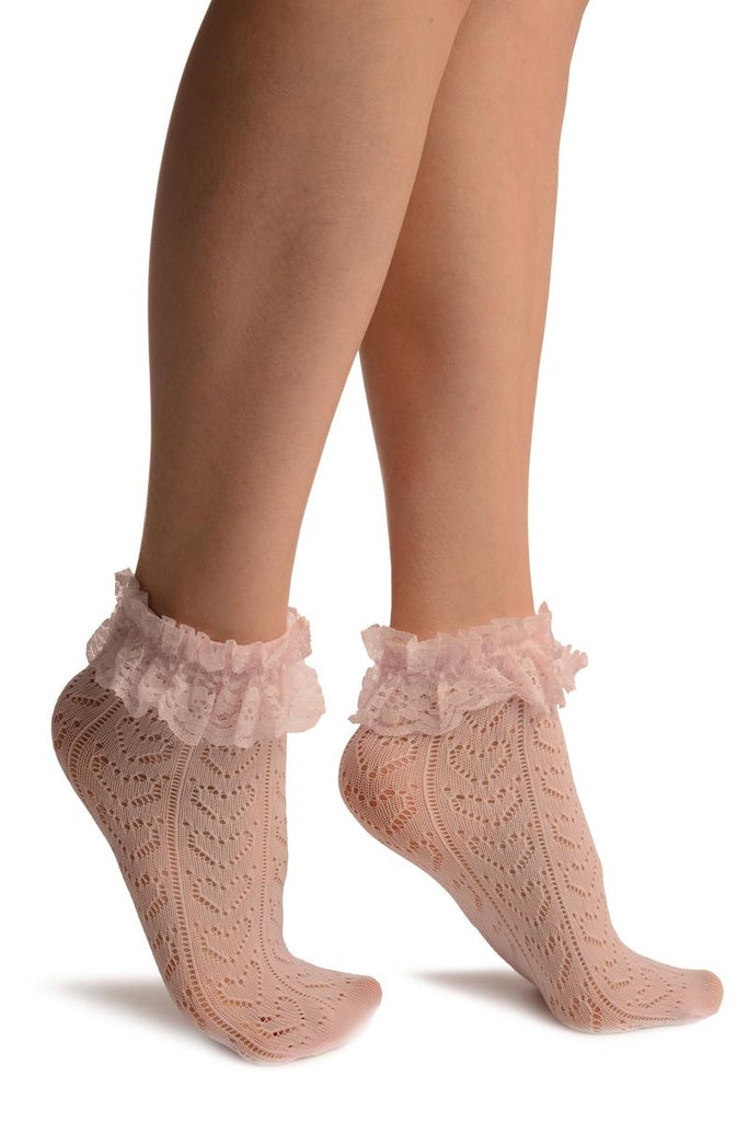 liss kiss Pink Crochet Hearts And Lace Trim Top Socks Ankle High - Socks