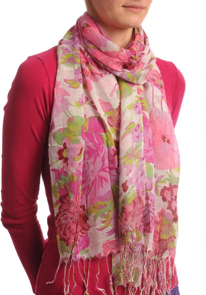 liss kiss Pink & Dark Pink Summer Garden Flowers On White - Scarf