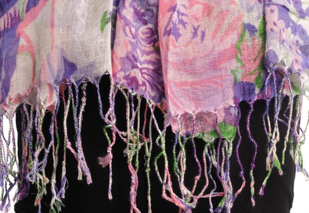 Liss Kiss Pink & Dark Purple Summer Garden Flowers On Cream White - Scarf