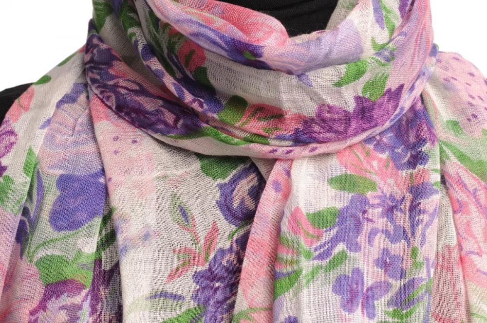 Liss Kiss Pink & Dark Purple Summer Garden Flowers On Cream White - Scarf