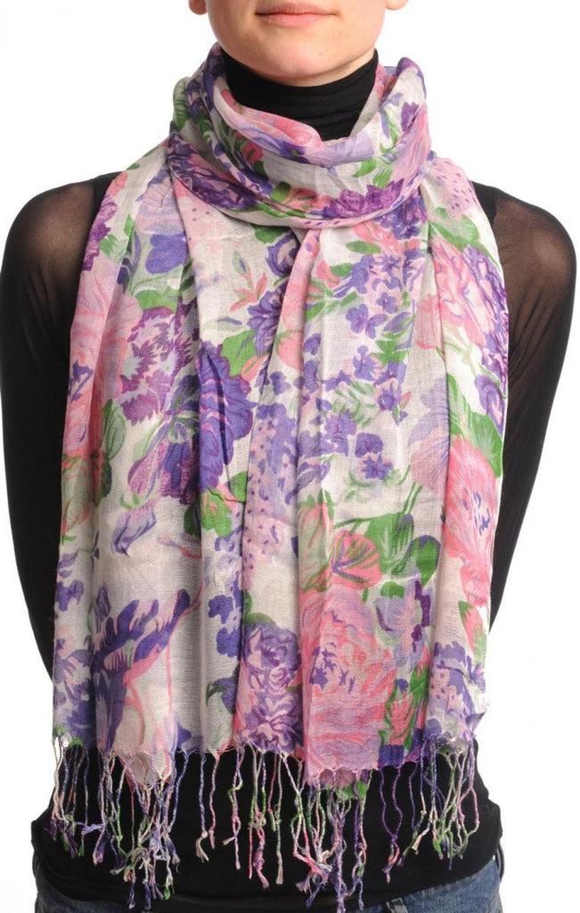 liss kiss Pink & Dark Purple Summer Garden Flowers On Cream White - Scarf