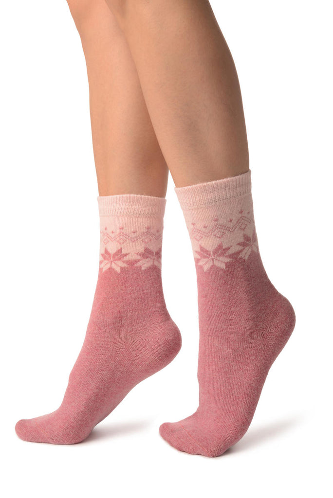 Liss Kiss Pink Duo With Snowflakes Angora Ankle High Socks - Socks