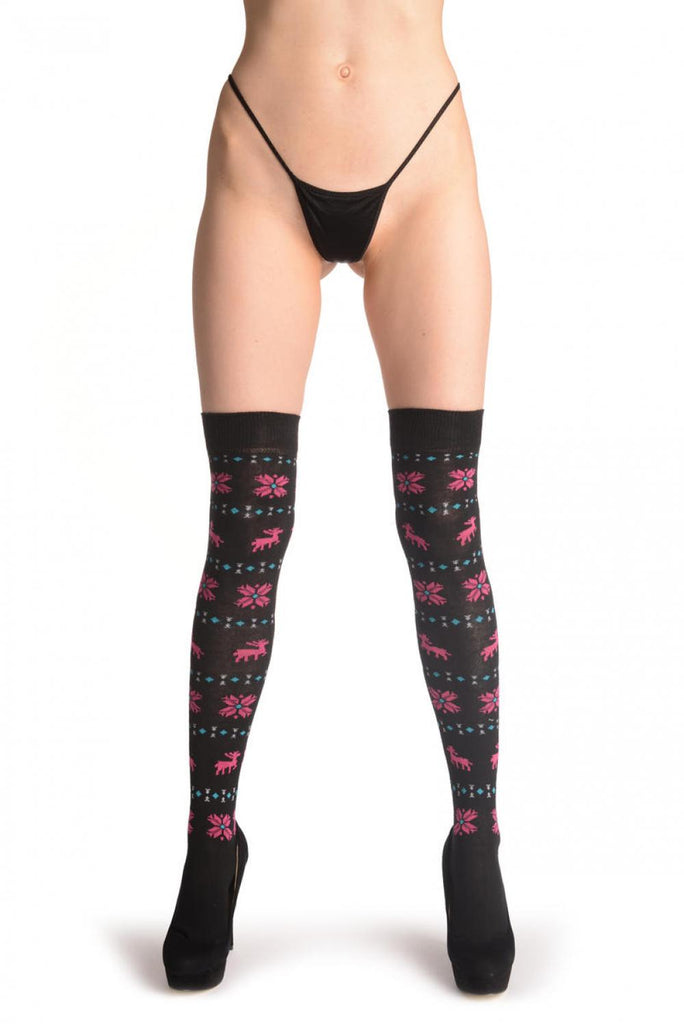Liss Kiss Pink Fairisle & Reindeers On Black - Over The Knee Socks