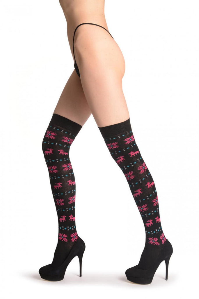 liss kiss Pink Fairisle & Reindeers On Black - Over The Knee Socks