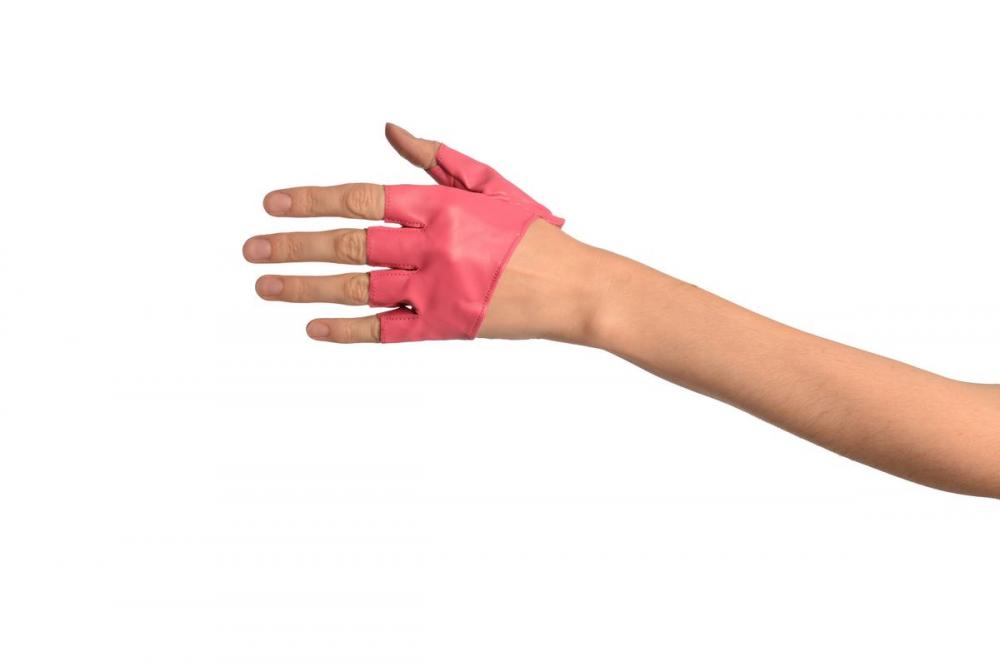 Liss Kiss Pink Faux Leather Open Asymmetrical Cut Fingerless Gloves - Gloves