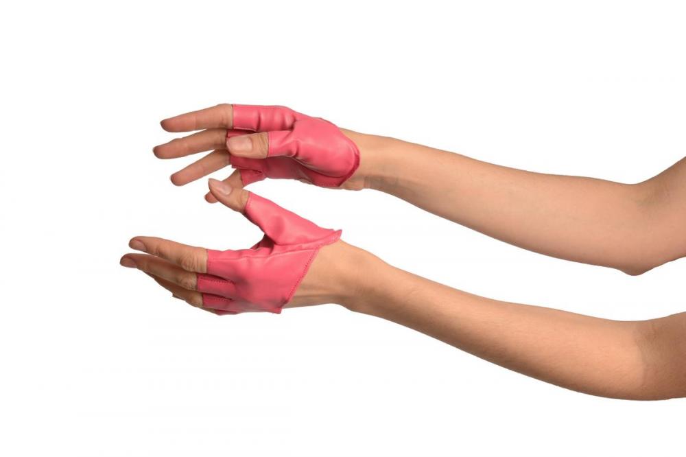Liss Kiss Pink Faux Leather Open Asymmetrical Cut Fingerless Gloves - Gloves
