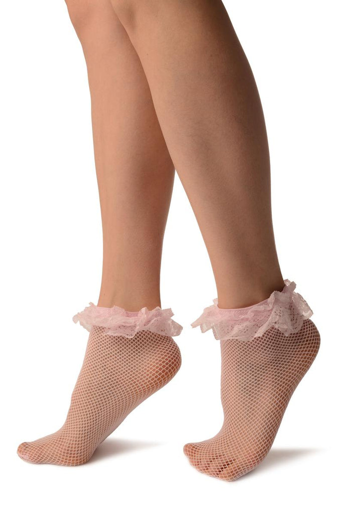 Liss Kiss Pink Fishnet With Lace Trim Socks Ankle High - Socks