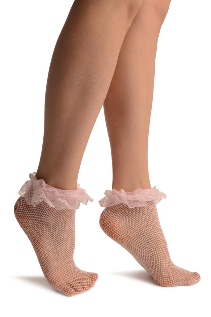 liss kiss Pink Fishnet With Lace Trim Socks Ankle High - Socks