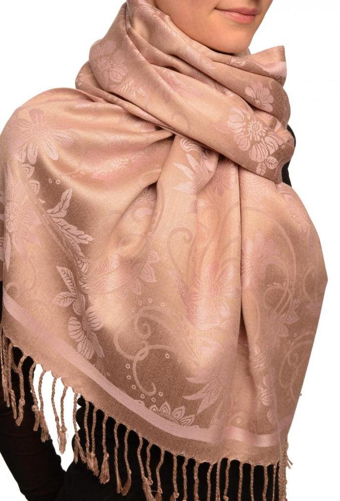 Liss Kiss Pink Garden Flowers On Mocha Pashmina With Tassels - Scarf