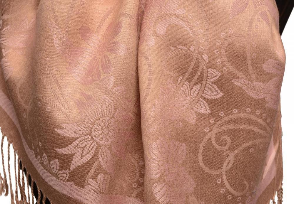 Liss Kiss Pink Garden Flowers On Mocha Pashmina With Tassels - Scarf