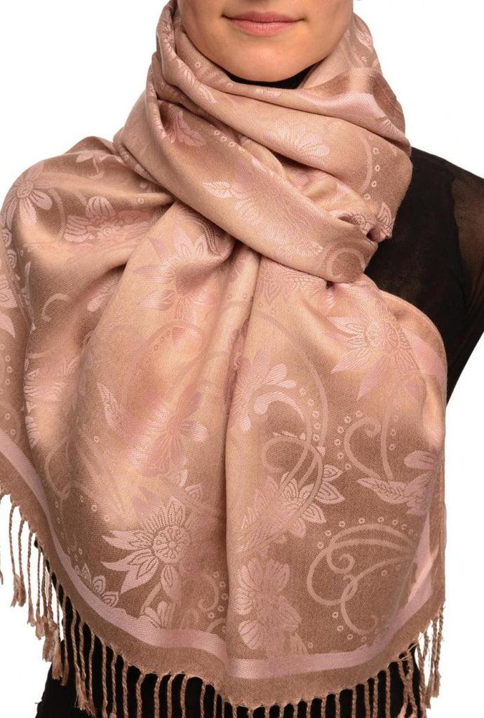 liss kiss Pink Garden Flowers On Mocha Pashmina With Tassels - Scarf