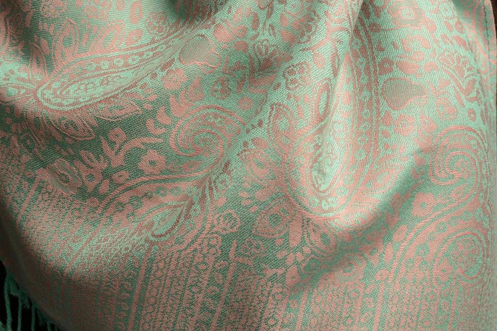 Liss Kiss Pink & Green Paisleys Pashmina Feel With Tassels - Scarf