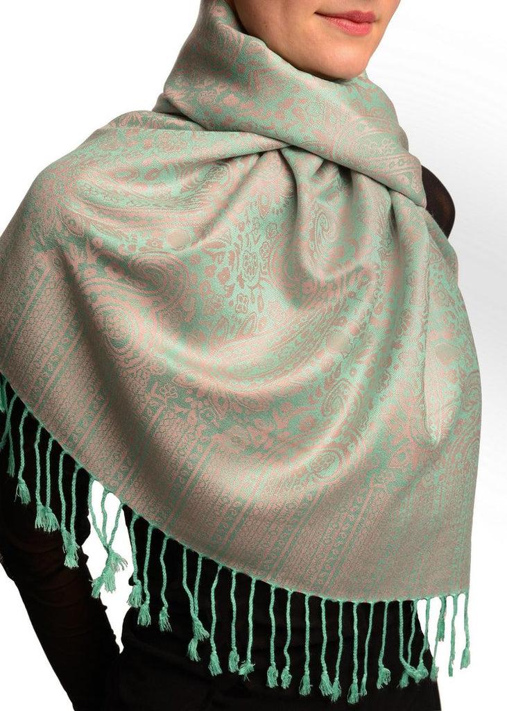 Liss Kiss Pink & Green Paisleys Pashmina Feel With Tassels - Scarf