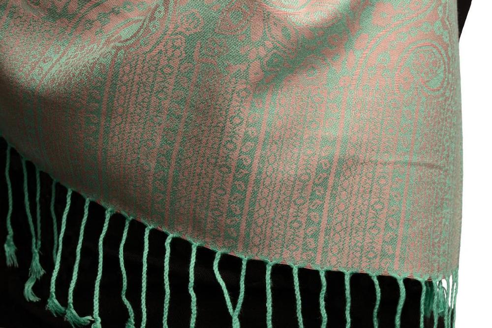 Liss Kiss Pink & Green Paisleys Pashmina Feel With Tassels - Scarf