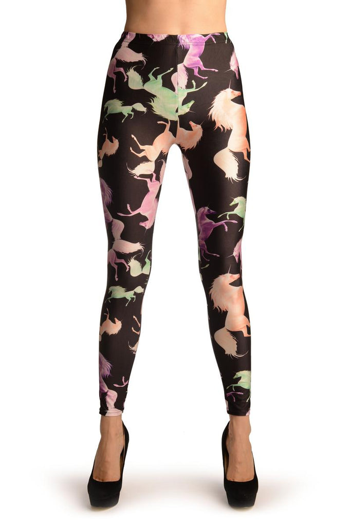 Liss Kiss Pink & Green Unicorns On Black Leggings - Leggings
