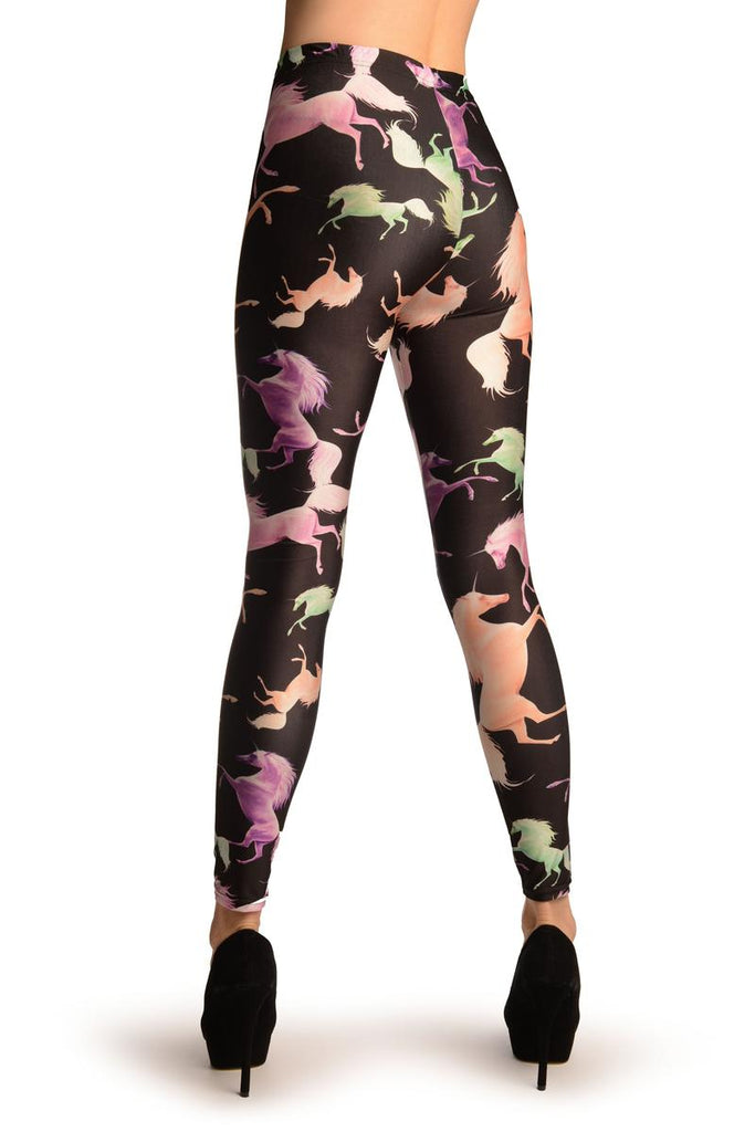 Liss Kiss Pink & Green Unicorns On Black Leggings - Leggings