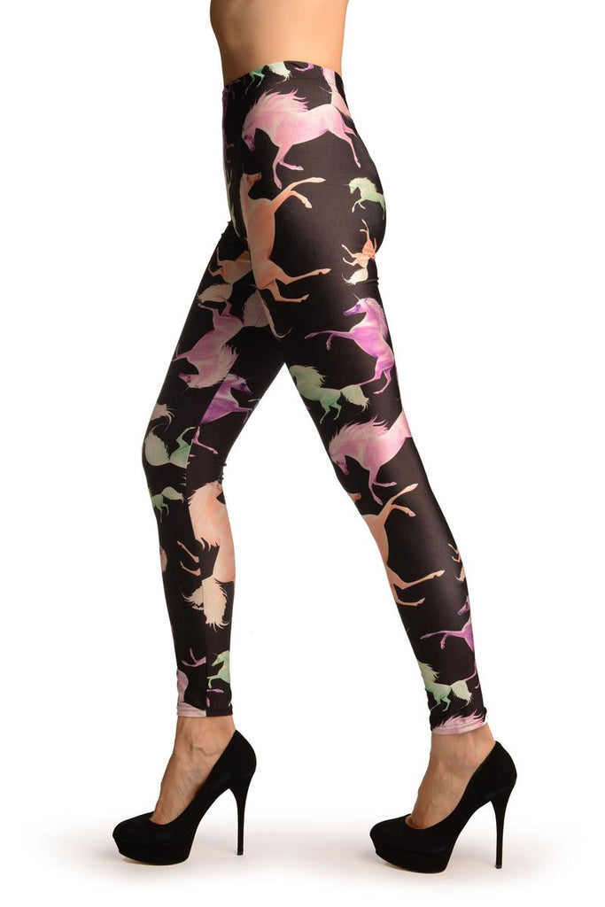Liss Kiss Pink & Green Unicorns On Black Leggings - Leggings