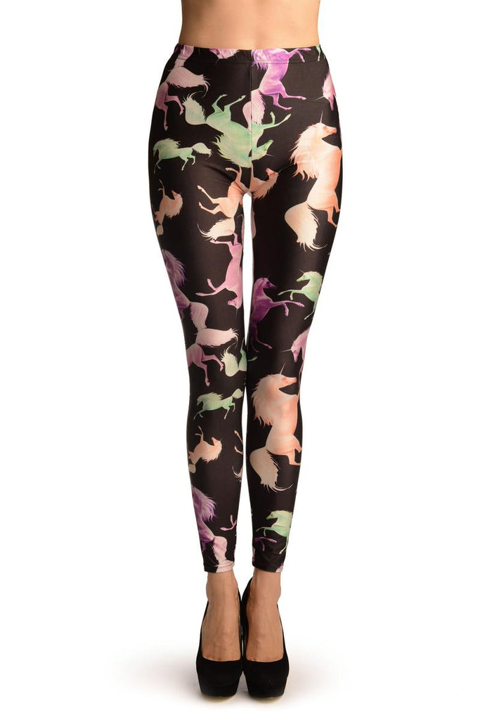 liss kiss Pink & Green Unicorns on Black Leggings - Leggings