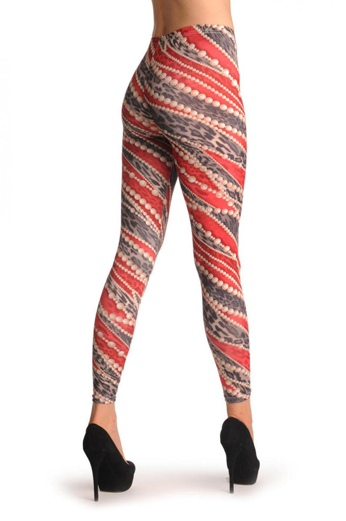 Liss Kiss Pink & Grey Leopard With Wrapping Pearl Strands - Leggings