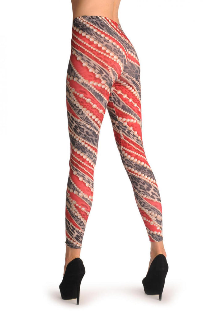 Liss Kiss Pink & Grey Leopard With Wrapping Pearl Strands - Leggings