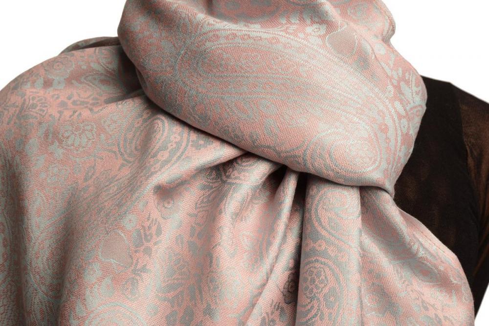 Liss Kiss Pink & Grey Paisleys Pashmina Feel With Tassels - Scarf