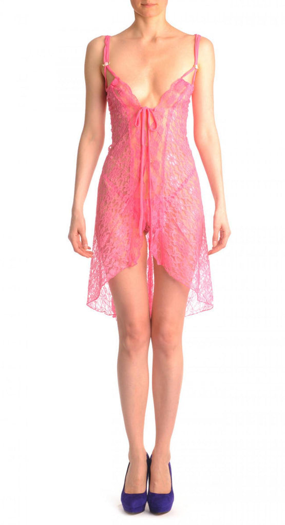 Liss Kiss Pink Lace Knee Length Evening Dress Babydoll & Matching Brief Set - Babydoll