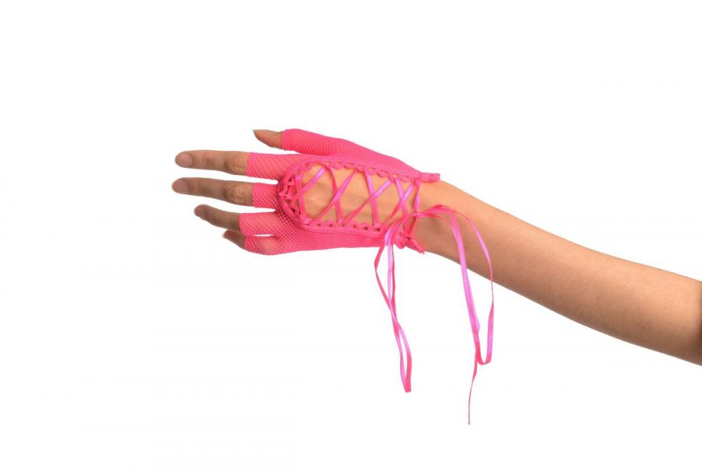 Liss Kiss Pink Lace Up Fishnet Fingerless Gloves - Gloves