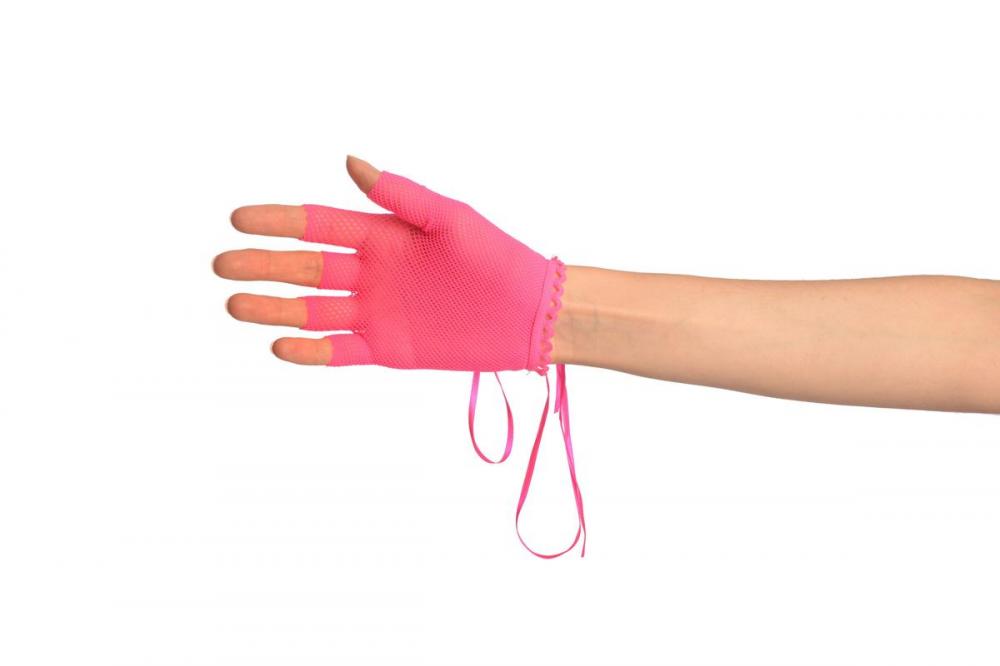 Liss Kiss Pink Lace Up Fishnet Fingerless Gloves - Gloves
