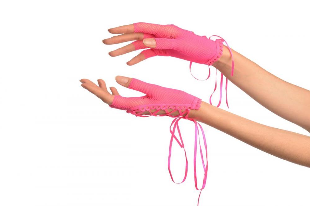 liss kiss Pink Lace Up Fishnet Fingerless Gloves - Gloves