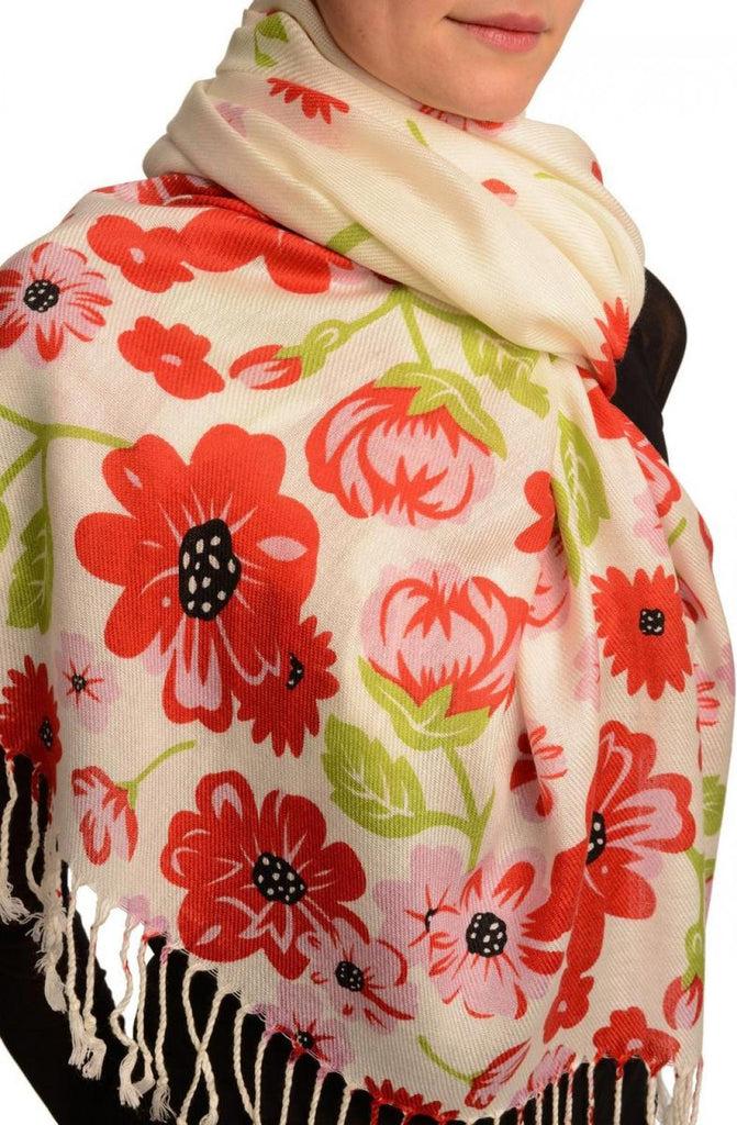 Liss Kiss Pink Large Flowers On White Pashmina Feel With Tassels - Scarf
