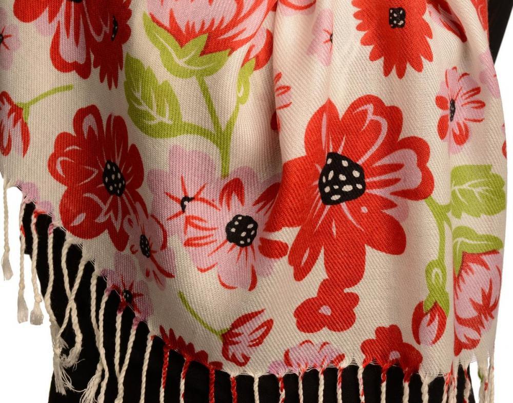 Liss Kiss Pink Large Flowers On White Pashmina Feel With Tassels - Scarf