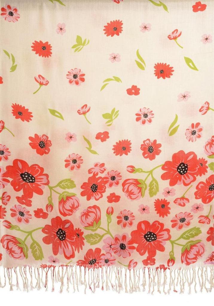 Liss Kiss Pink Large Flowers On White Pashmina Feel With Tassels - Scarf
