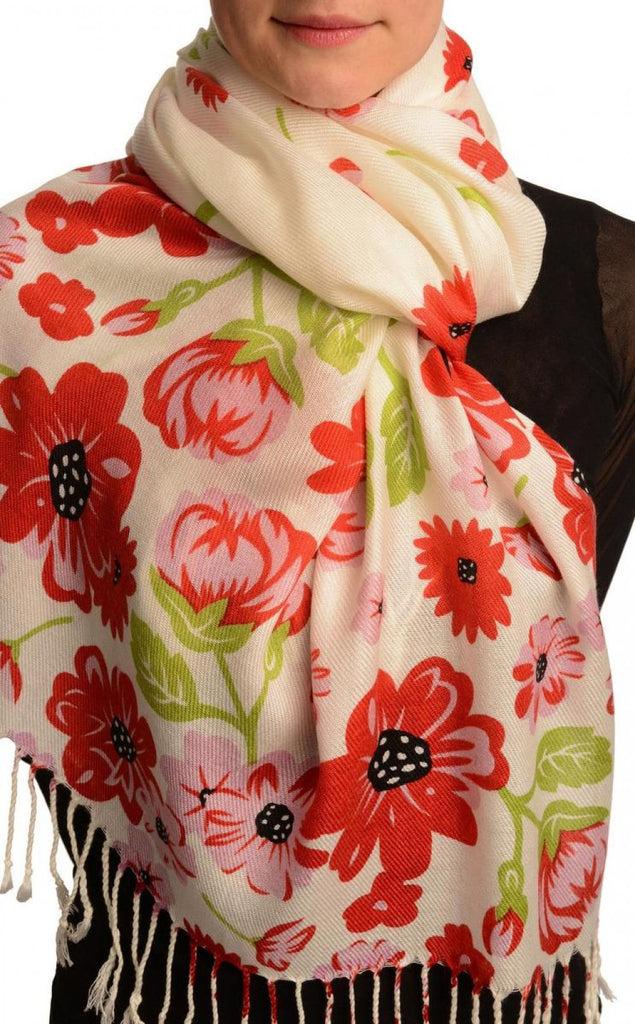 liss kiss Pink Large Flowers On White Pashmina Feel With Tassels - Scarf