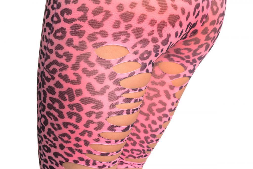 Liss Kiss Pink Leopard Extended Heel Shredded Footless - Tights Footless