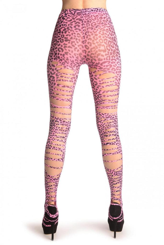Liss Kiss Pink Leopard Extended Heel Shredded Footless - Tights Footless