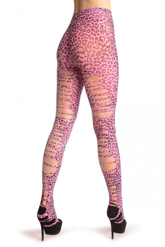Liss Kiss Pink Leopard Extended Heel Shredded Footless - Tights Footless