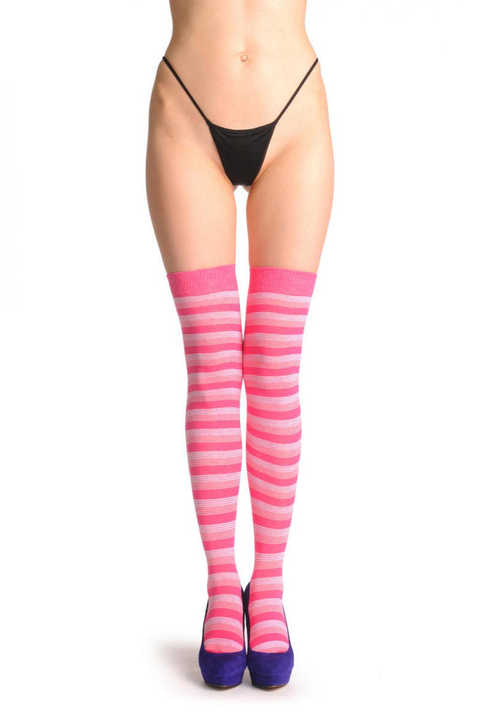 Liss Kiss Pink Light Pink & White Thin Stripes - Over The Knee Socks