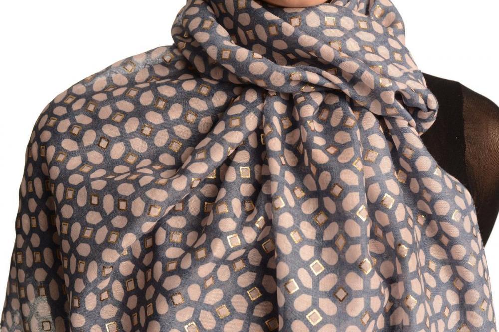 Liss Kiss Pink Moroccan Diamond Grid With Gold Trim On Blue Scarf - Scarf